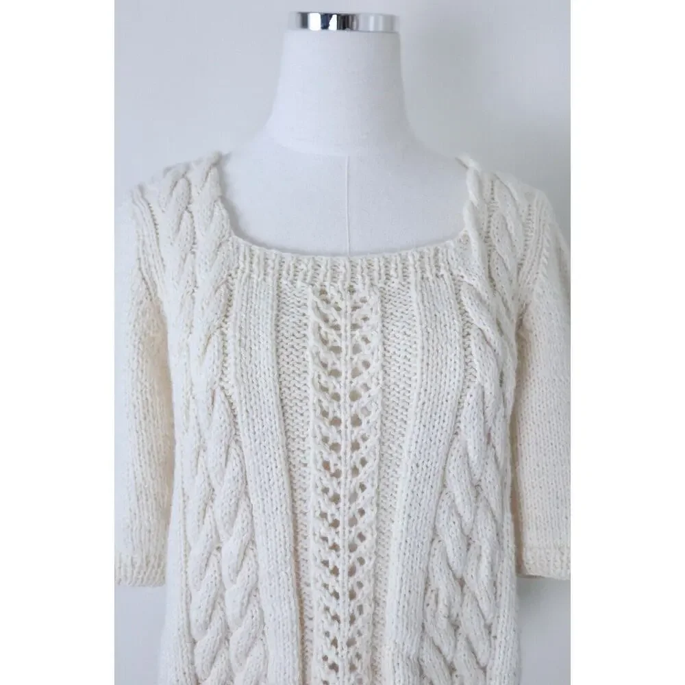Handmade Cottagecore Short Sleeve Sweater Top Square Neck Cream Cable Knit - Picture 3 of 12